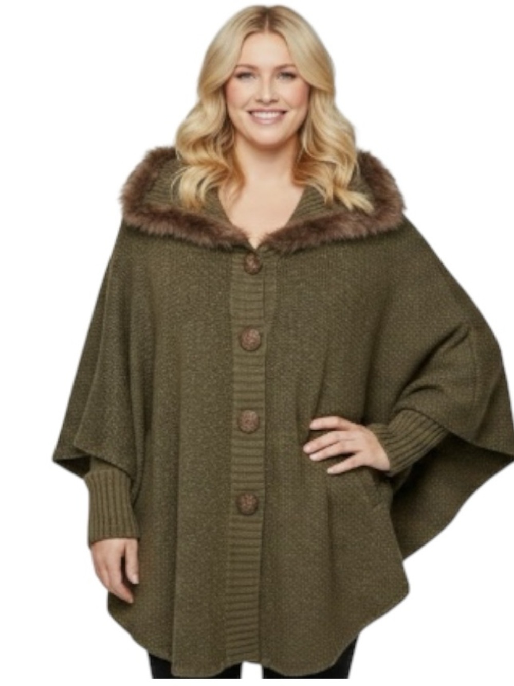 VTG Brown Knit Cardigan Jacket Fur Trim Button Up O/S Dolman Sleeve Lagenlook